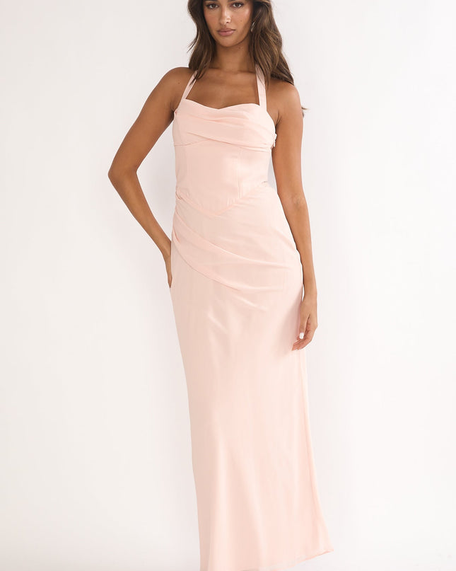 Pink Halterneck Pleat Waist Maxi Dress