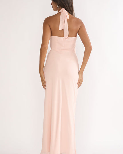 Pink Halterneck Pleat Waist Maxi Dress