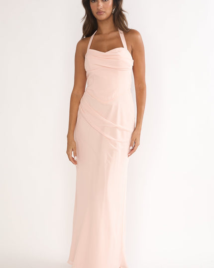 Pink Halterneck Pleat Waist Maxi Dress