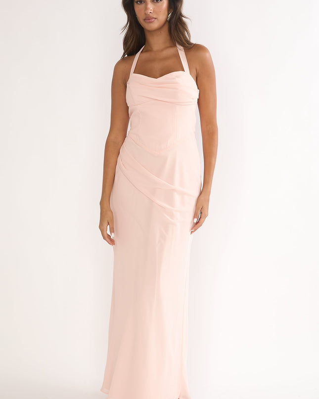 Pink Halterneck Pleat Waist Maxi Dress