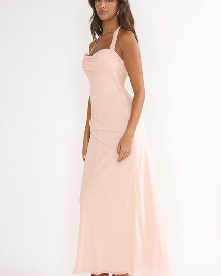 Pink Halterneck Pleat Waist Maxi Dress