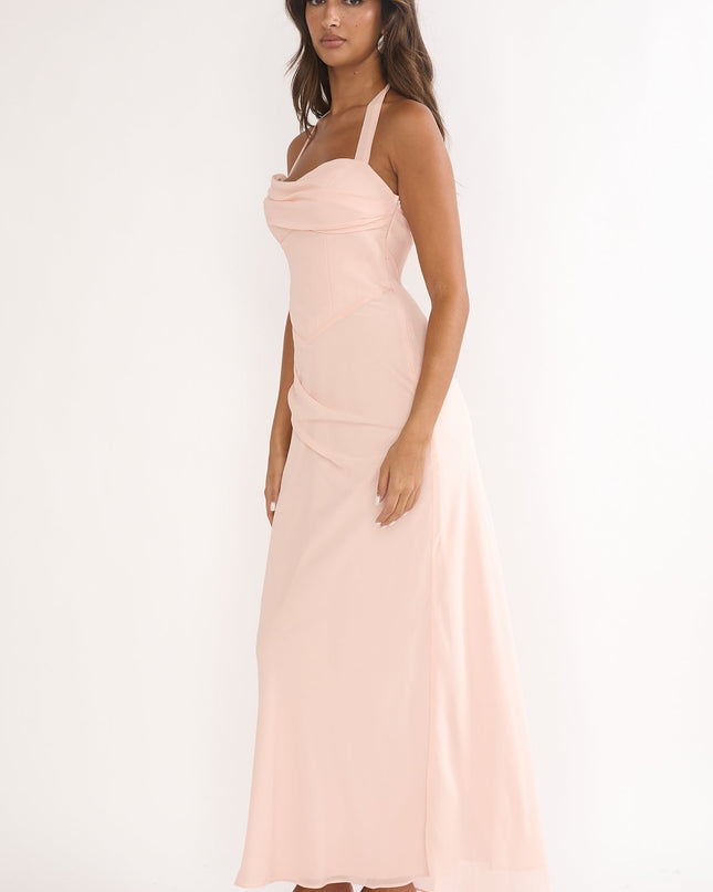 Pink Halterneck Pleat Waist Maxi Dress