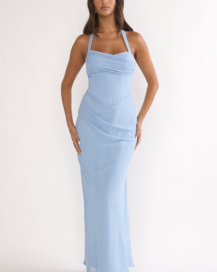 Sky Blue Halterneck Pleat Waist Maxi Dress