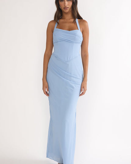 Sky Blue Halterneck Pleat Waist Maxi Dress