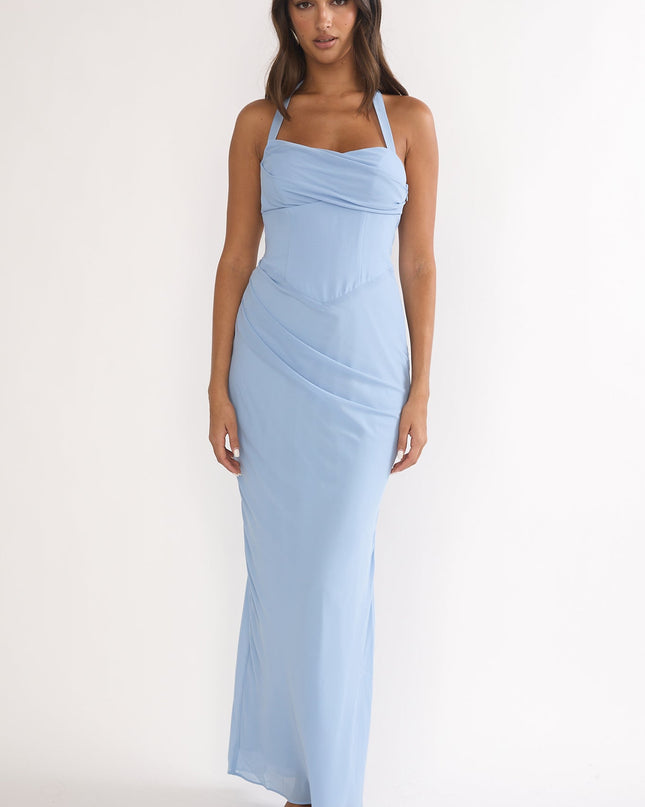 Sky Blue Halterneck Pleat Waist Maxi Dress
