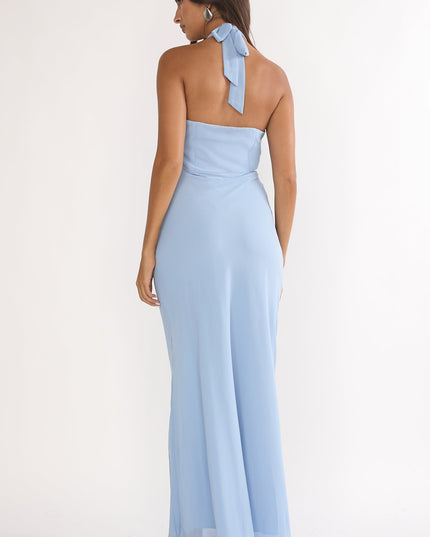 Sky Blue Halterneck Pleat Waist Maxi Dress