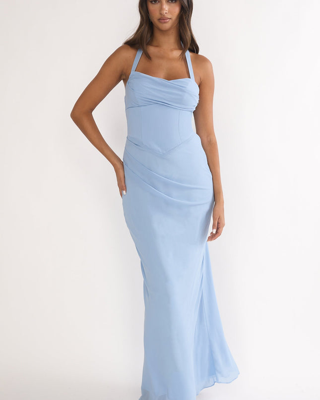 Sky Blue Halterneck Pleat Waist Maxi Dress