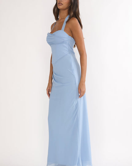 Sky Blue Halterneck Pleat Waist Maxi Dress