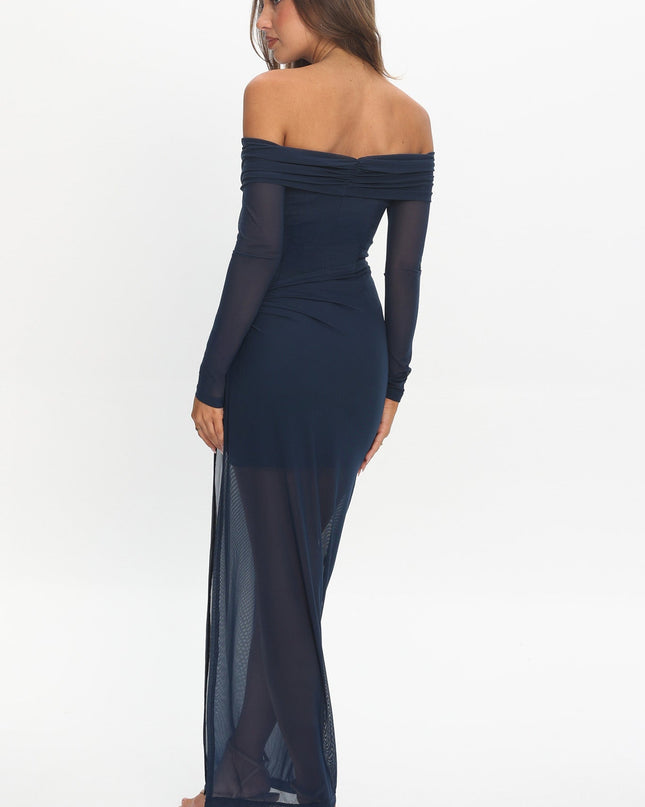 Navy Off-Shoulder Mesh Maxi Dress