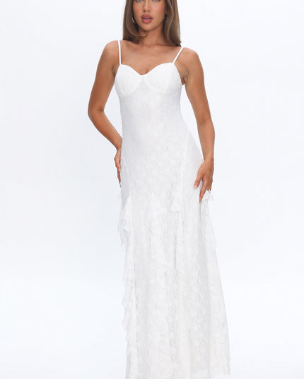 White Lace-Up Back Split Maxi Dress Lace