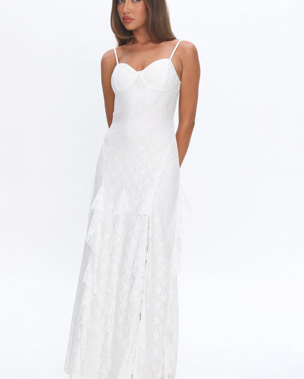 White Lace-Up Back Split Maxi Dress Lace