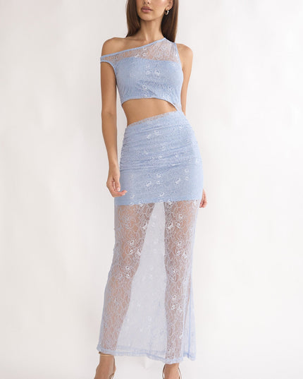 Blue Lace Overlay Cut-Out Maxi Dress