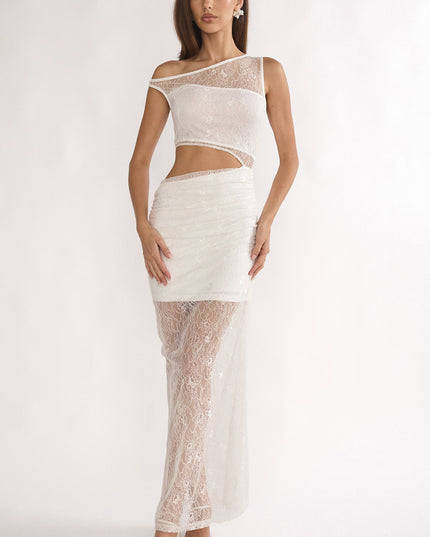White Lace Overlay Cut-Out Maxi Dress