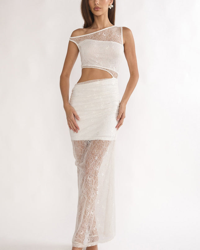 White Lace Overlay Cut-Out Maxi Dress