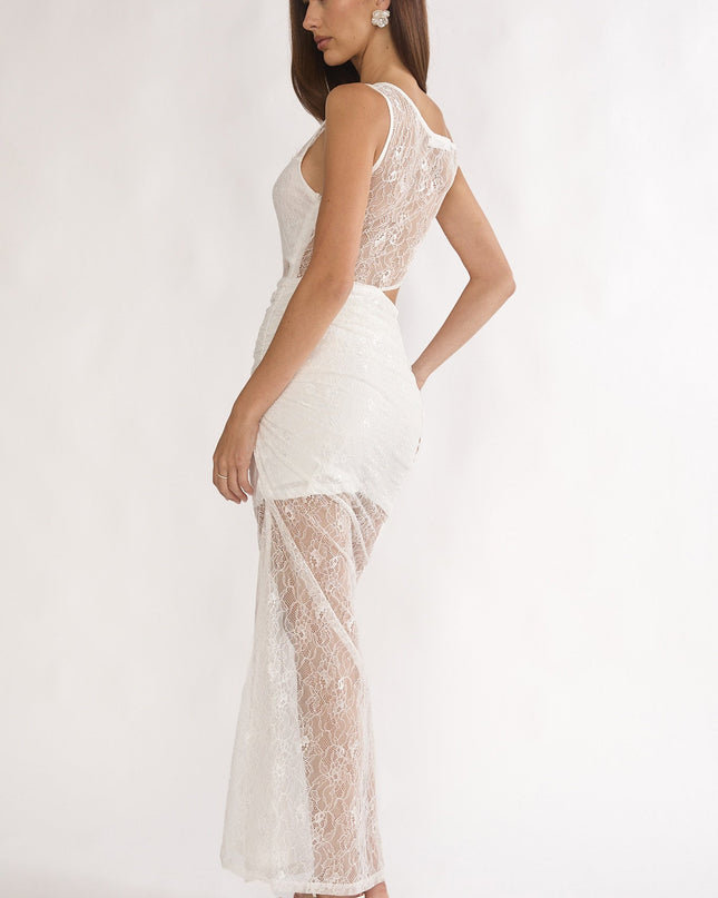 White Lace Overlay Cut-Out Maxi Dress