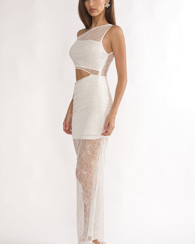 White Lace Overlay Cut-Out Maxi Dress