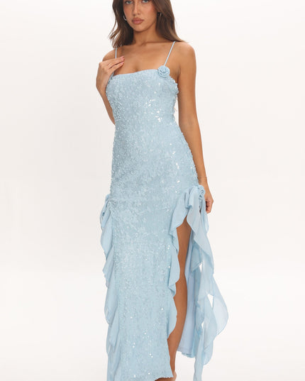 Blue Limit Ruffle Maxi Dress Sequin