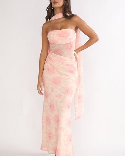 Floral Drape Waist Strapless Maxi Dress Roses