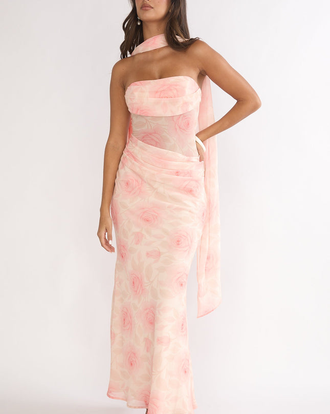 Floral Drape Waist Strapless Maxi Dress Roses