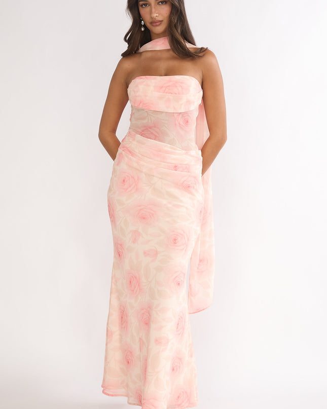 Floral Drape Waist Strapless Maxi Dress Roses