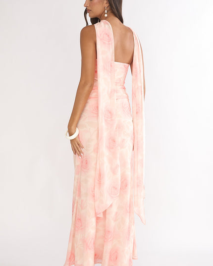 Floral Drape Waist Strapless Maxi Dress Roses