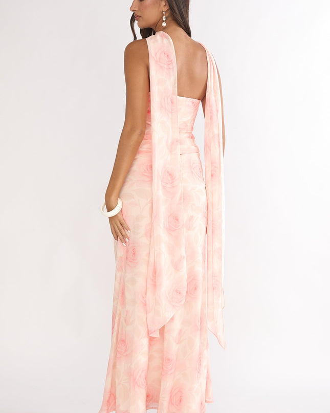 Floral Drape Waist Strapless Maxi Dress Roses