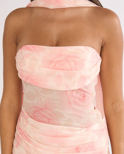 Floral Drape Waist Strapless Maxi Dress Roses