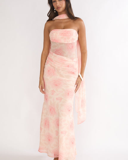 Floral Drape Waist Strapless Maxi Dress Roses
