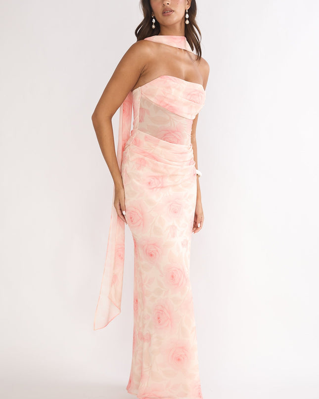 Floral Drape Waist Strapless Maxi Dress Roses
