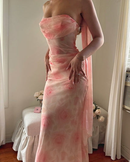 Floral Drape Waist Strapless Maxi Dress Roses
