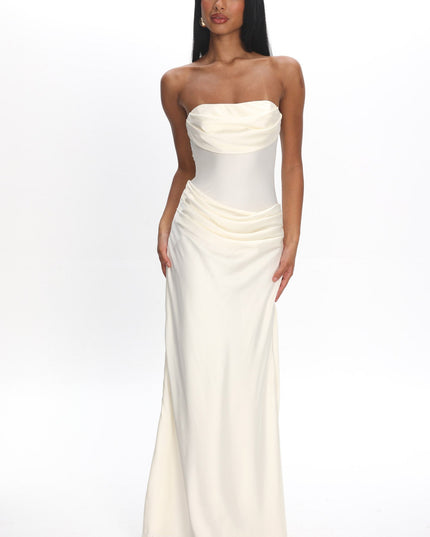 Cream Drape Waist Strapless Maxi Dress
