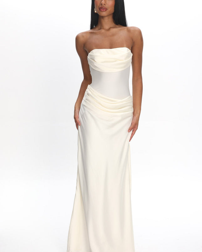 Cream Drape Waist Strapless Maxi Dress