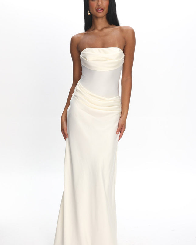 Cream Drape Waist Strapless Maxi Dress