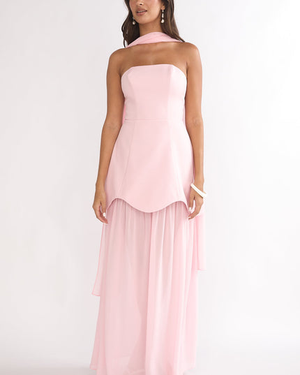 Pink Scalloped Sheer Hem Maxi Dress