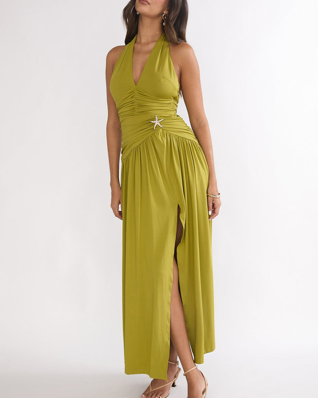 Olive Ruched Waist Halter Maxi Dress