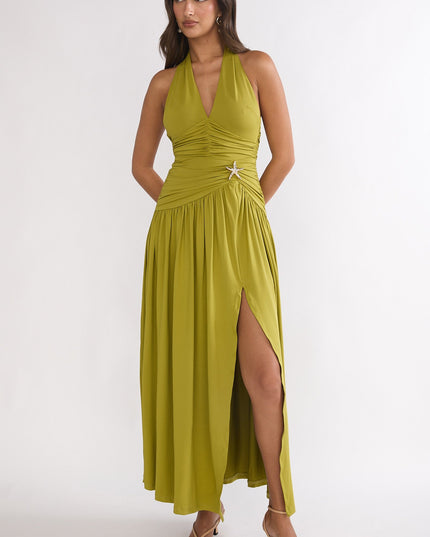 Olive Ruched Waist Halter Maxi Dress