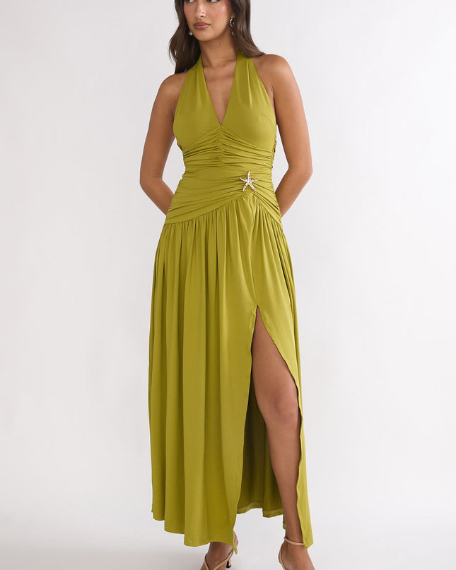 Olive Ruched Waist Halter Maxi Dress