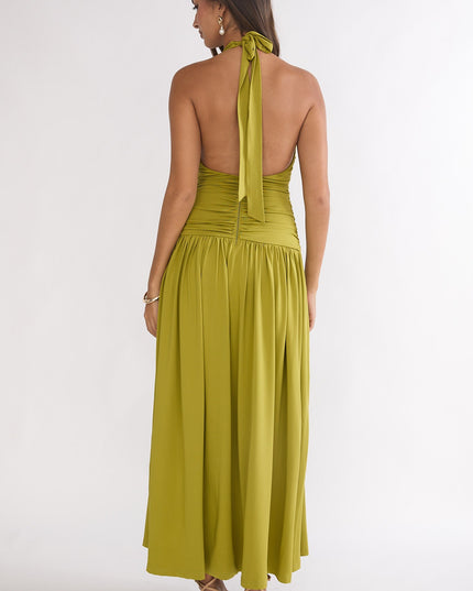 Olive Ruched Waist Halter Maxi Dress