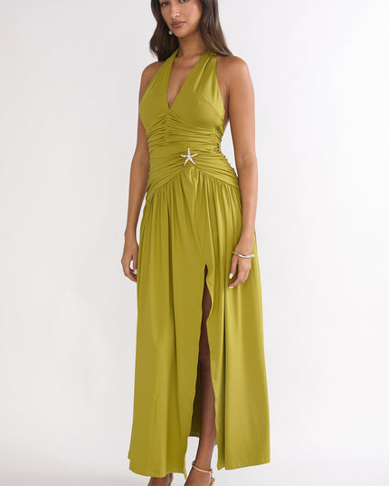 Olive Ruched Waist Halter Maxi Dress