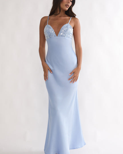 Blue Sequin Bust Open Back Maxi Dress