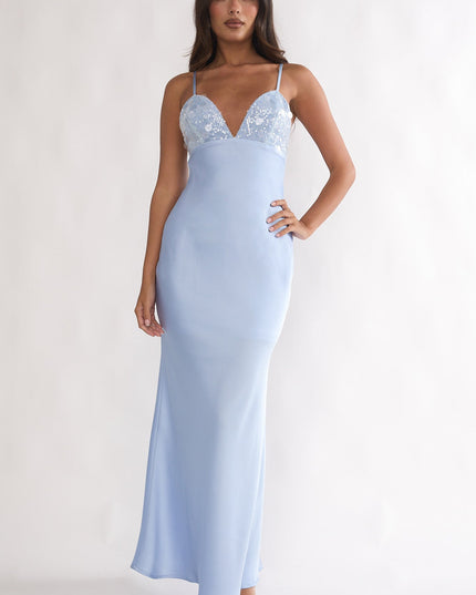 Blue Sequin Bust Open Back Maxi Dress