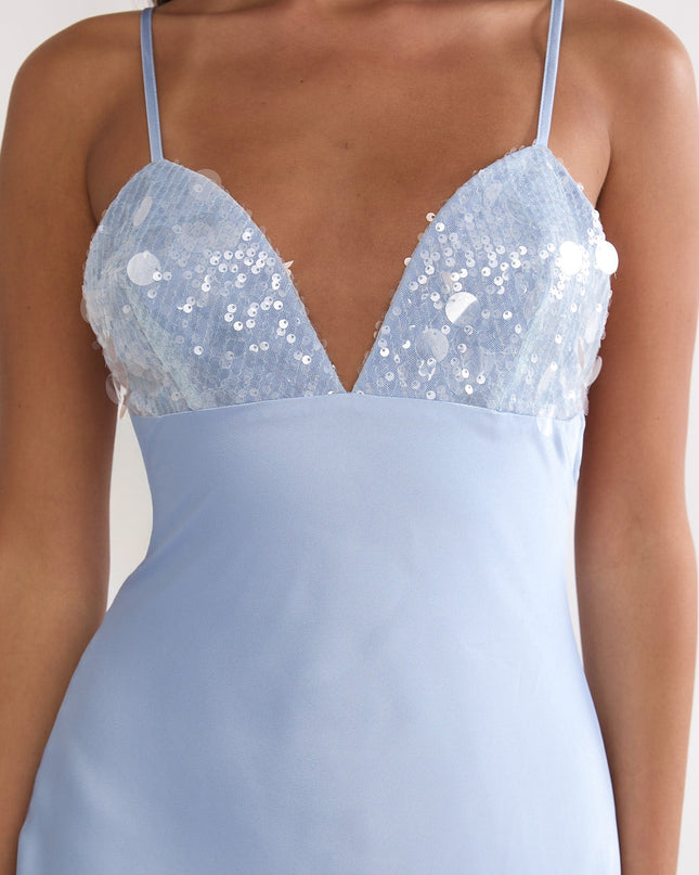Blue Sequin Bust Open Back Maxi Dress