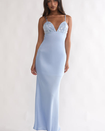 Blue Sequin Bust Open Back Maxi Dress