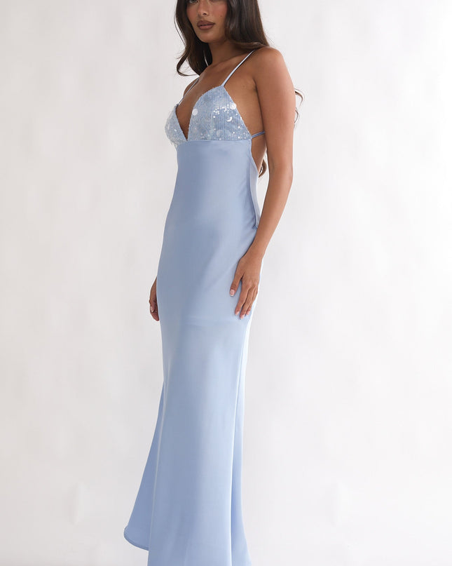 Blue Sequin Bust Open Back Maxi Dress