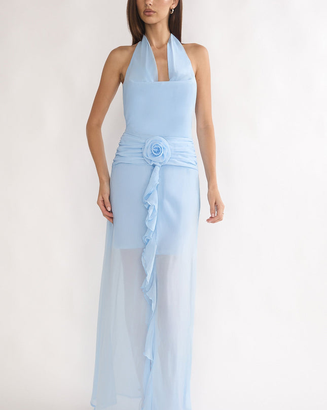 Ice Blue Gathered Waist Cowl Maxi Dress