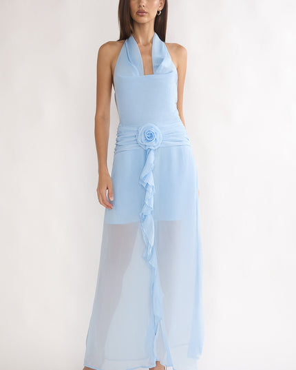Ice Blue Gathered Waist Cowl Maxi Dress