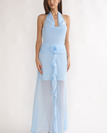 Ice Blue Gathered Waist Cowl Maxi Dress