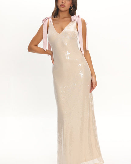 Champagne Bow Shoulder Maxi Dress Sequin