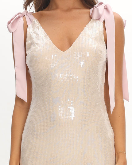 Champagne Bow Shoulder Maxi Dress Sequin