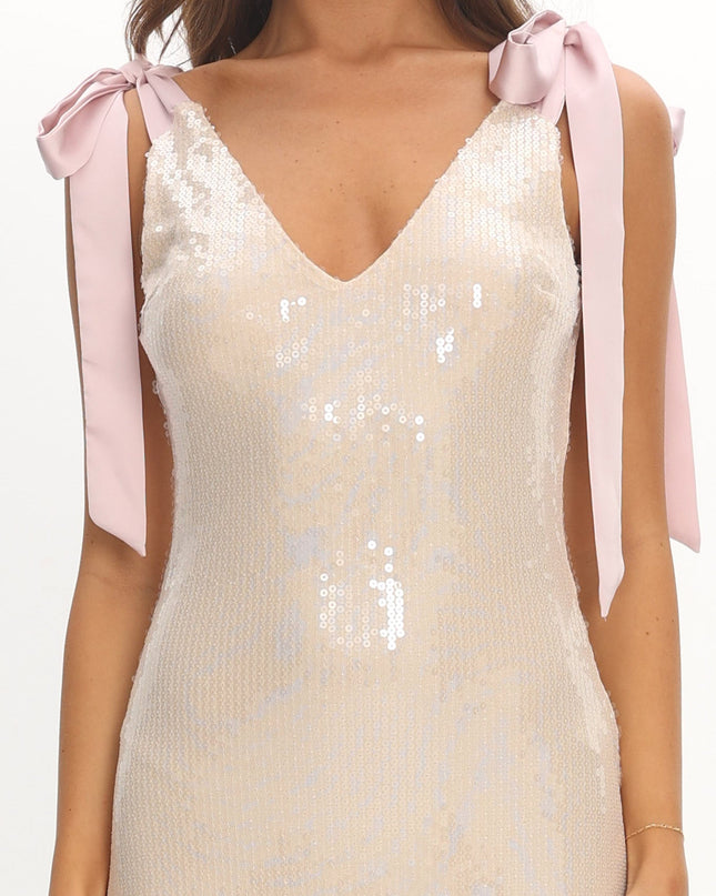 Champagne Bow Shoulder Maxi Dress Sequin